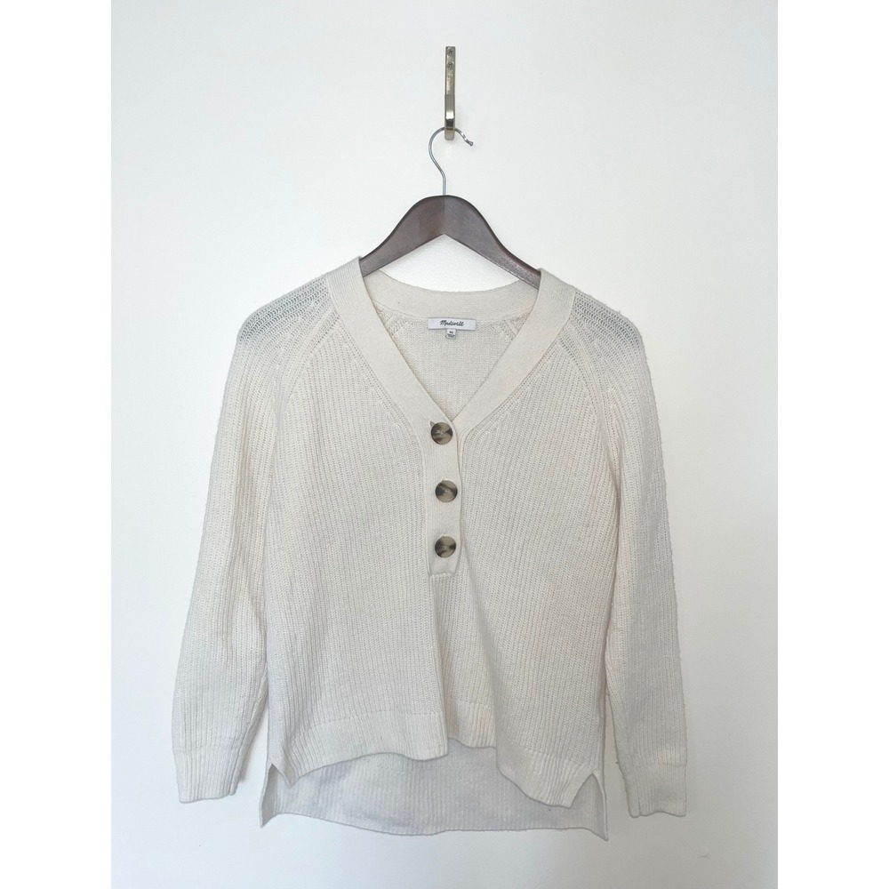 MADEWELL Lyle Ribbed Henley Sweater Merino Wool Pullover Button Up Cream | Small